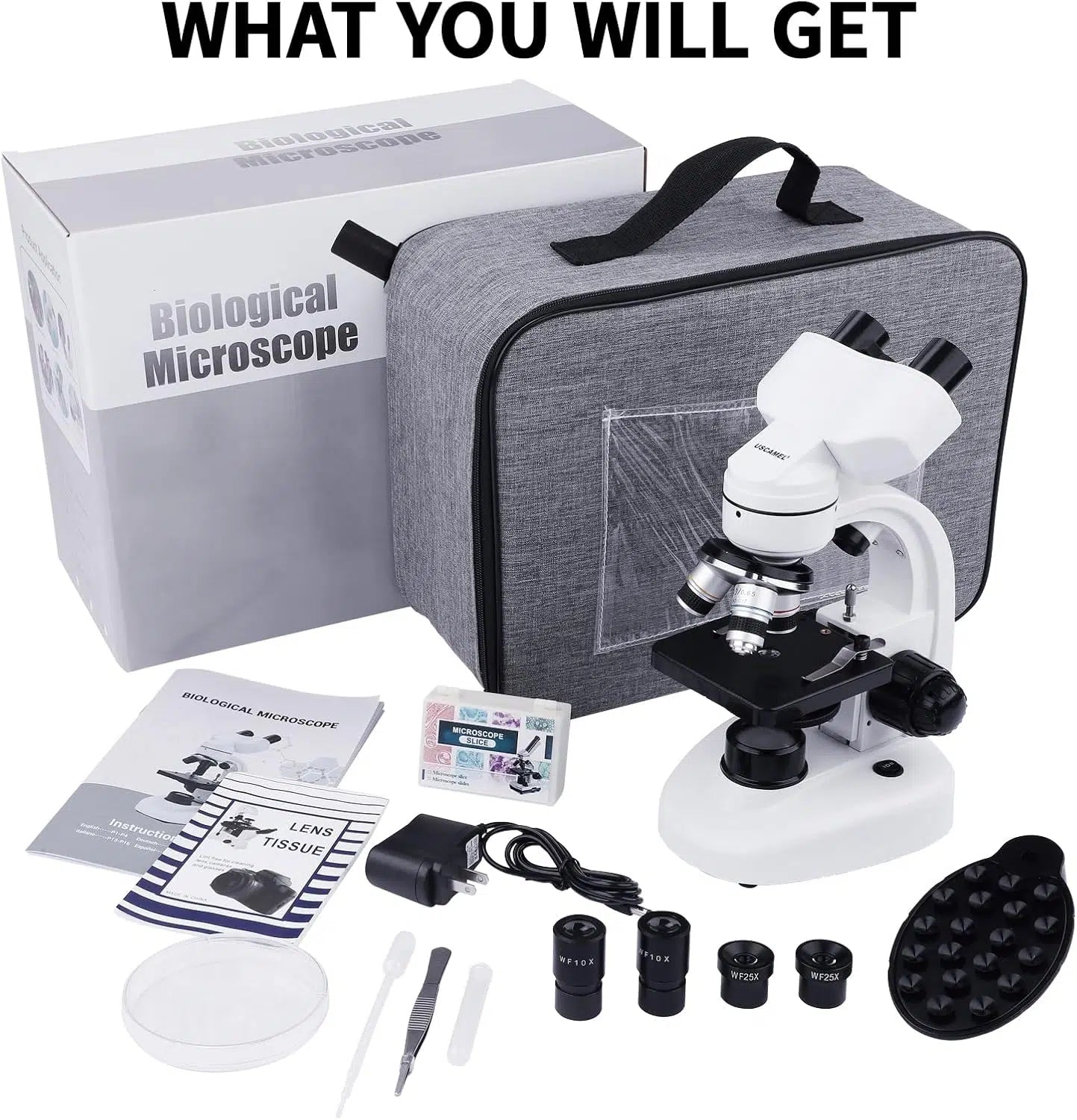 Microscope binoculaire LED USCAMEL EM‑305 40×‑1000× (jusqu’à 2500×) – oculaires 10×/25×